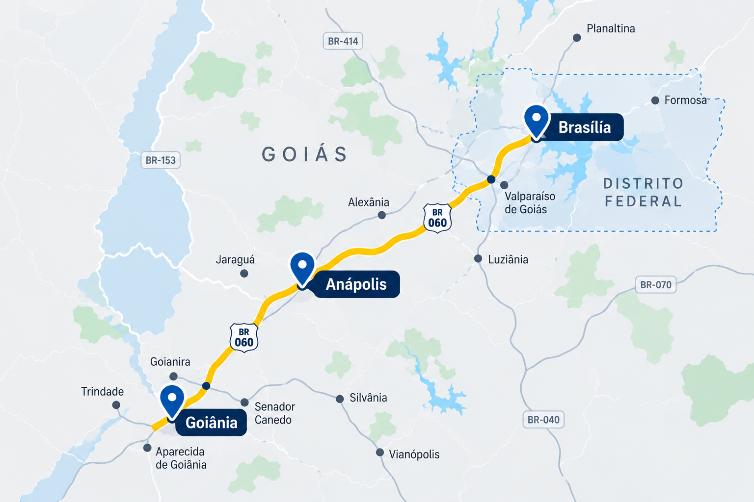 Mapa da região de atuação: Goiânia, Anápolis e Brasília ligadas pela BR-060, em Goiás e no Distrito Federal