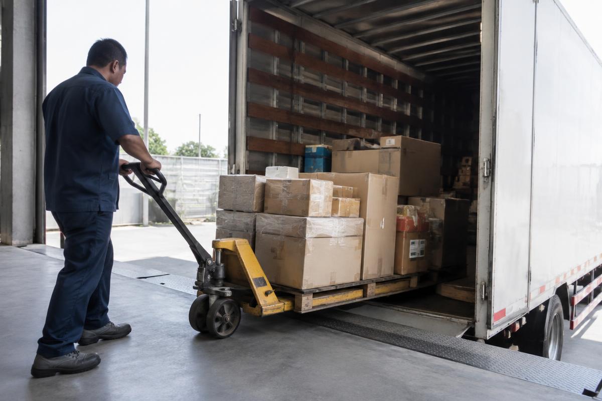 Volumes de tamanhos variados sendo carregados em um caminhão